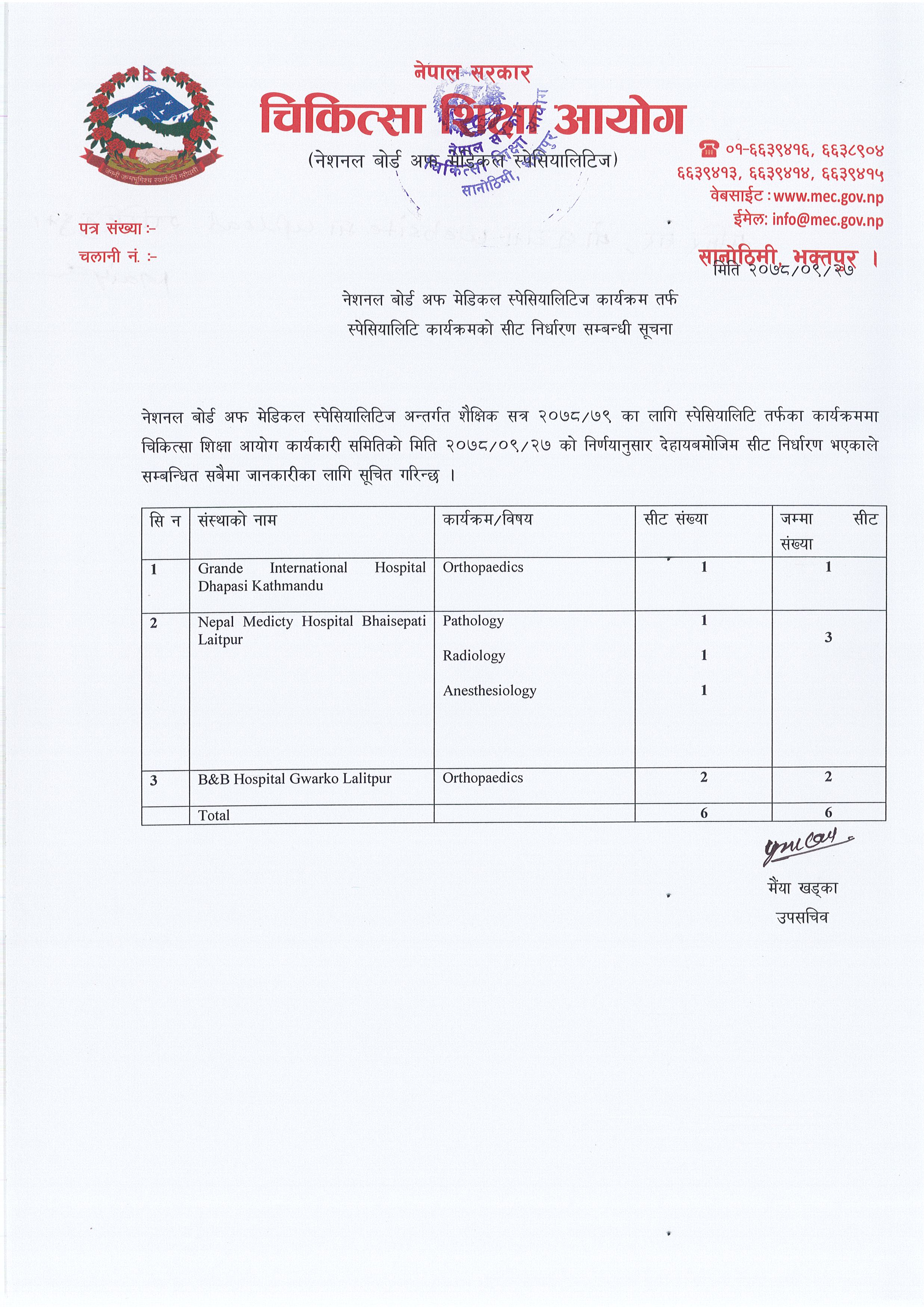 नेशनल बोर्ड अफ मेडिकल स्पेसियालिटिज तर्फ स्पेसियालिटि कार्यक्रमको सीट निर्धारण सम्बन्धी सूचना