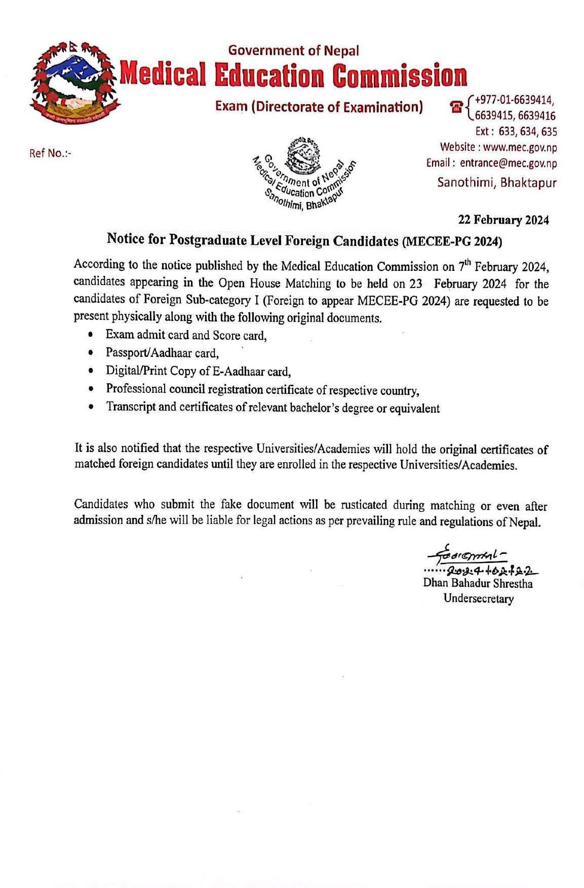 Notice for Postgraduate Level Foreign Candidates (MECEE-PG 2024)