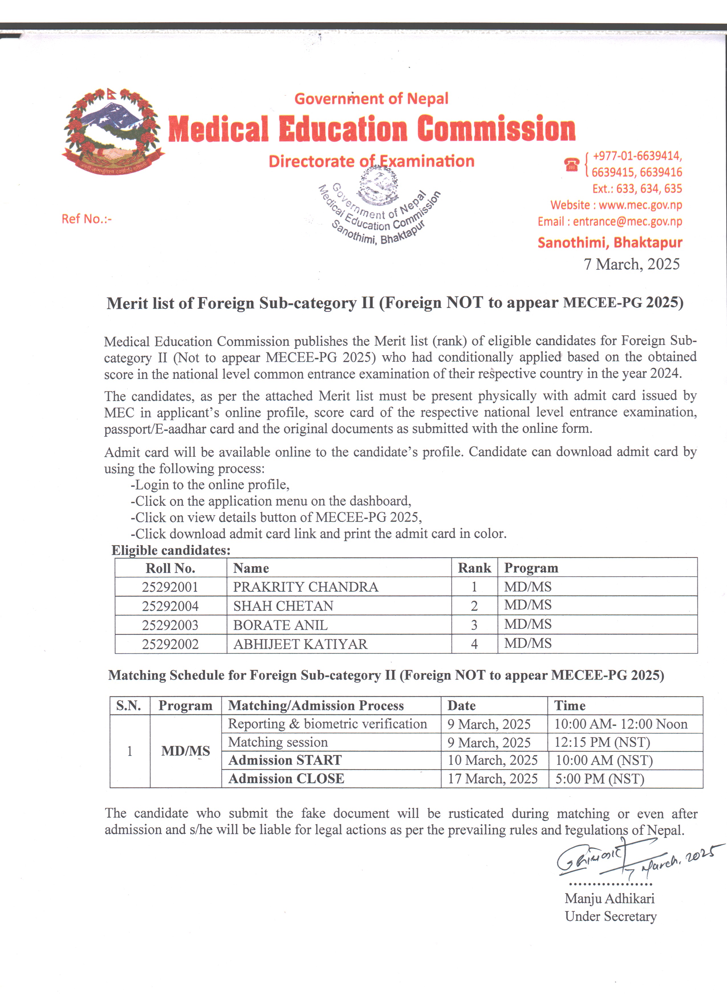 Merit List of Foreign Sub-category II (Foreign NOT to appear MECEE-PG 2025)